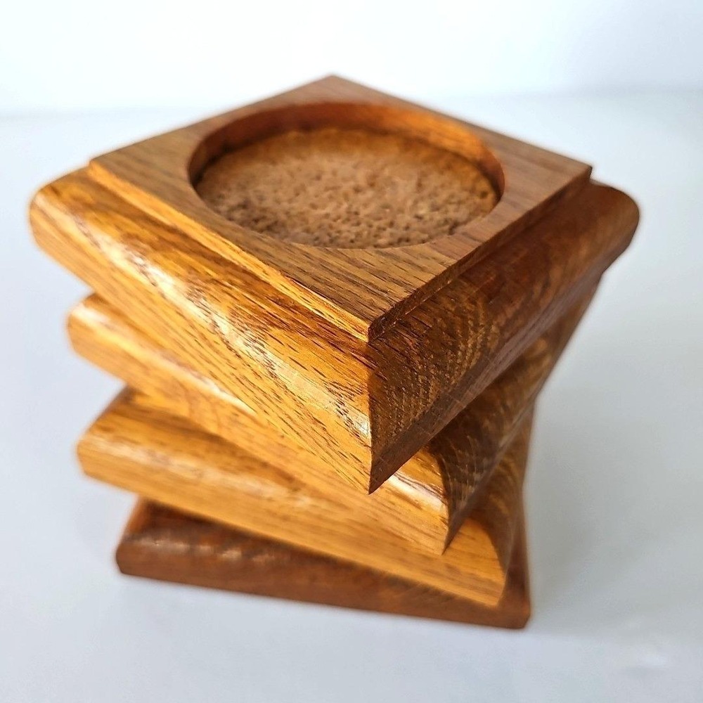 Vintage MCM Oak Wood Coasters Set of 4 Square Beveled Cork Inset Rustic Barware